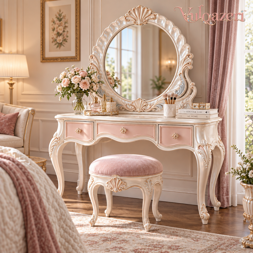 Vulqazeri Ivory & Blush Round-Mirror Vanity view 2