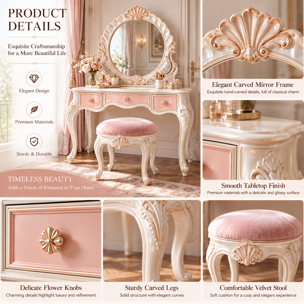 Vulqazeri Ivory & Blush Round-Mirror Vanity view 3