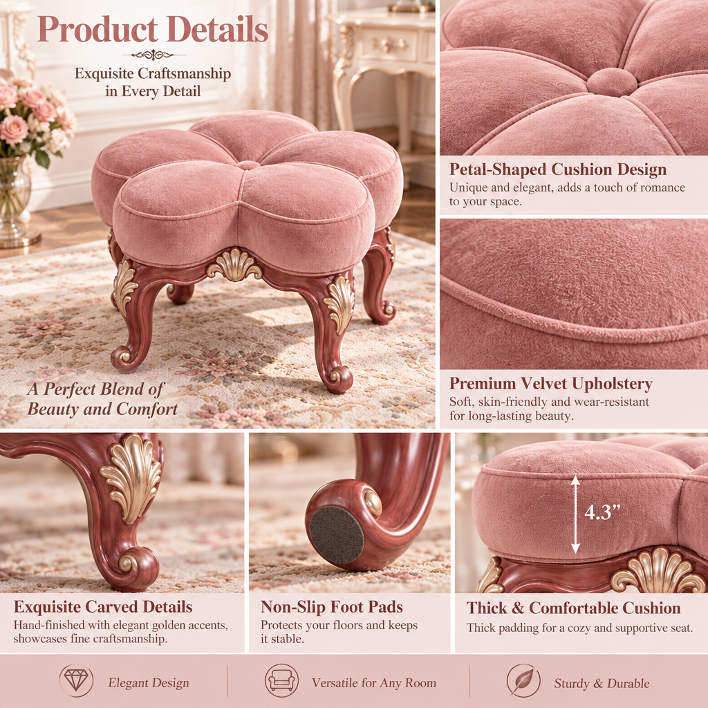 Vulqazeri Rose Petal Upholstered Ottoman view 3