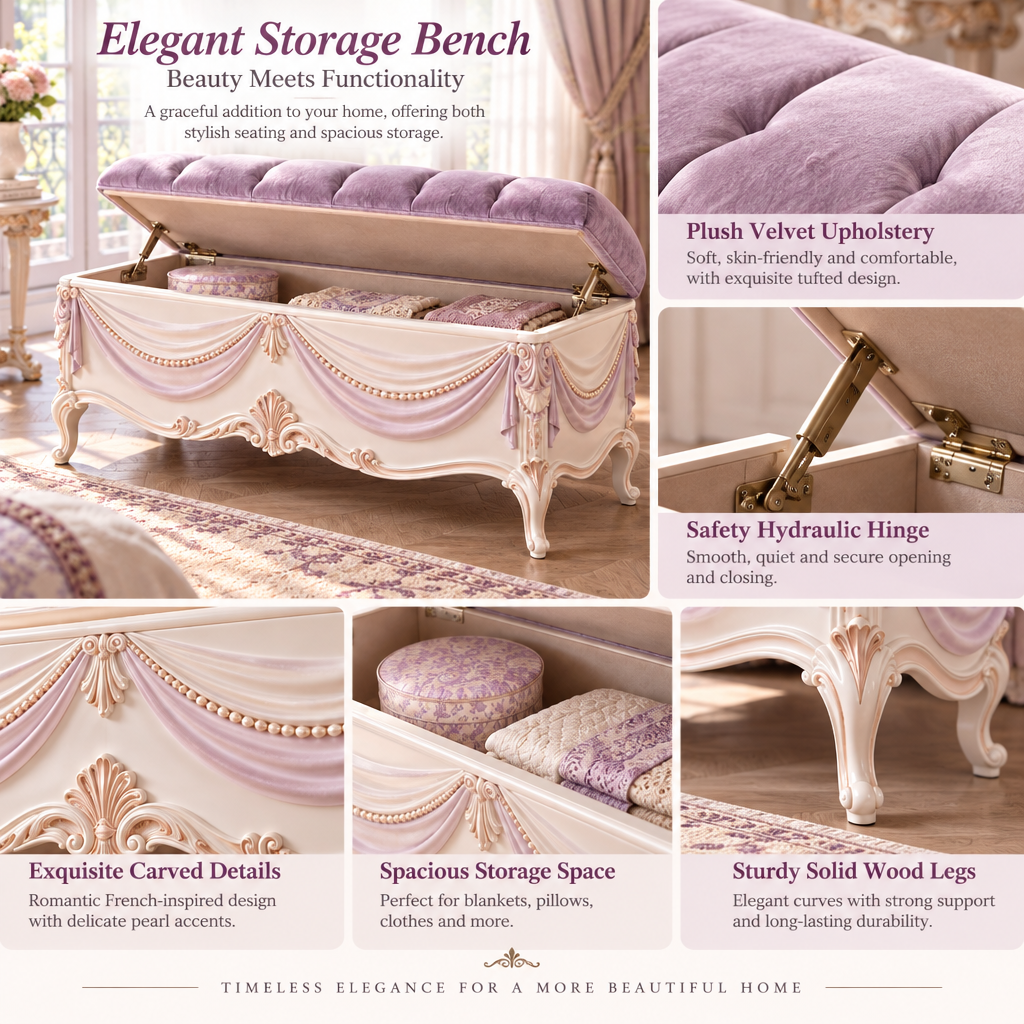 Vulqazeri Lavender Tufted Storage Bench view 3