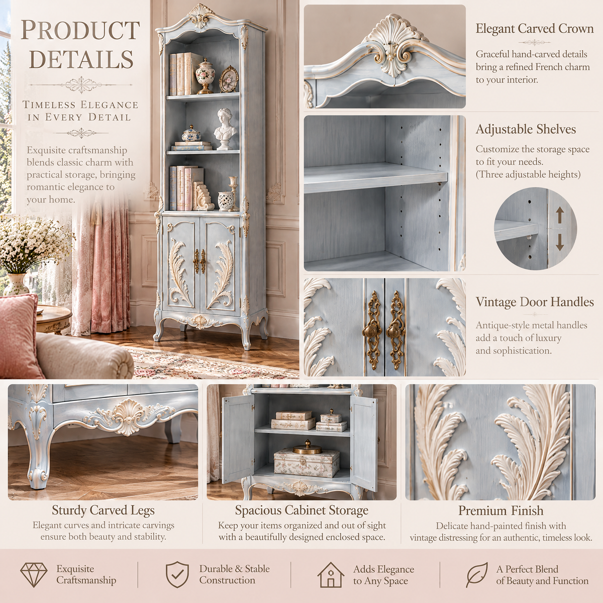 Vulqazeri Powder Blue Ornate Display Cabinet view 2